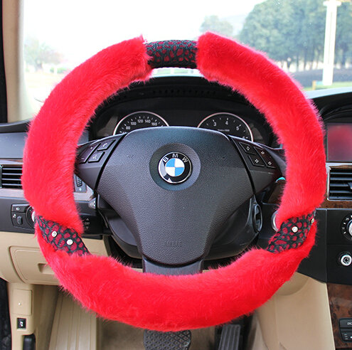 Unique Leopard Print Car Steering Wheel Wrap Velvet 15 Inch 38CM - Red