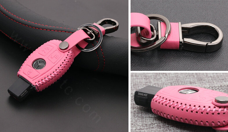 Luxury Genuine Leather Automobile Key Bags Smart for Benz C180 - Pink
