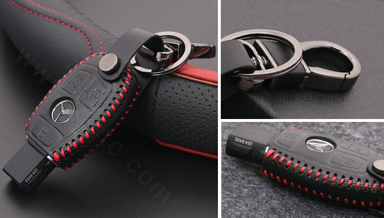 Luxury Genuine Leather Automobile Key Bags Smart for Benz C200 - Black Red