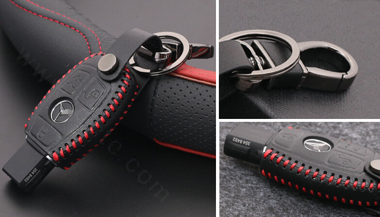 Luxury Genuine Leather Automobile Key Bags Smart for Benz C260 - Black Red