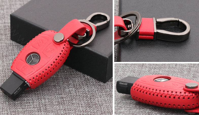 Luxury Genuine Leather Automobile Key Bags Smart for Benz C260 - Red