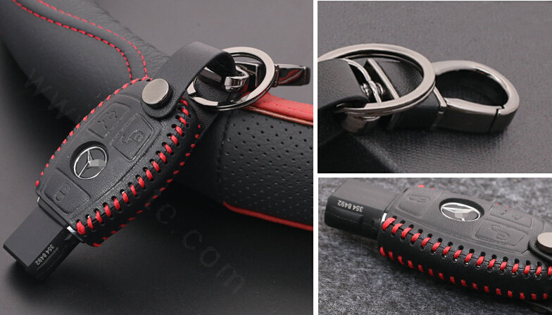 Luxury Genuine Leather Automobile Key Bags Smart for Benz C300 - Black Red