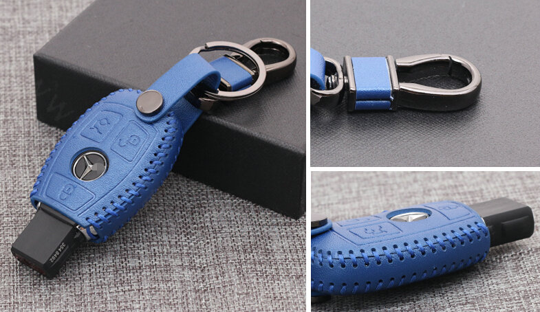 Luxury Genuine Leather Automobile Key Bags Smart for Benz C300 - Blue