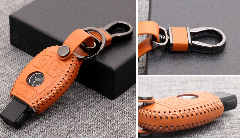 Luxury Genuine Leather Automobile Key Bags Smart for Benz C300 - Brown