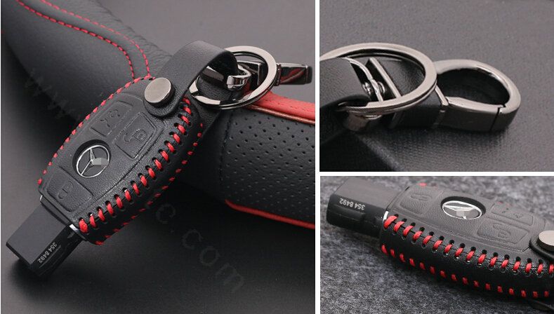 Luxury Genuine Leather Automobile Key Bags Smart for Benz C63 AMG - Black Red