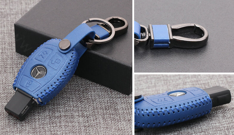 Luxury Genuine Leather Automobile Key Bags Smart for Benz C63 AMG - Blue