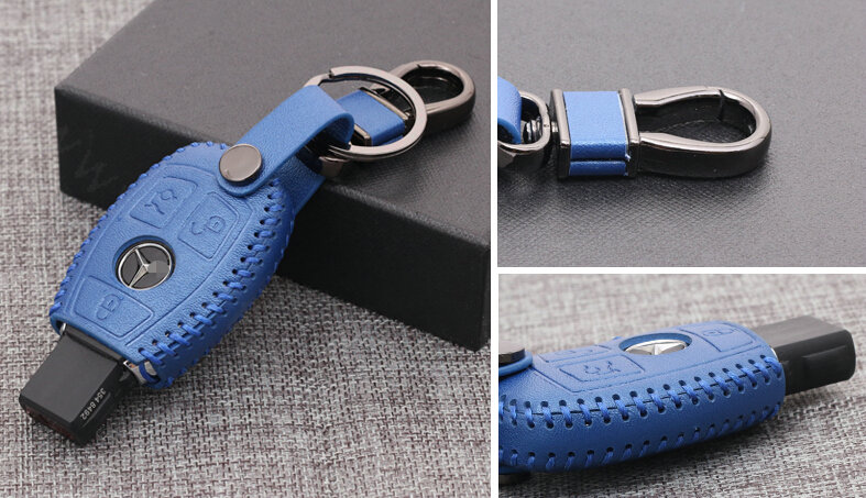 Luxury Genuine Leather Automobile Key Bags Smart for Benz GLK300 - Blue