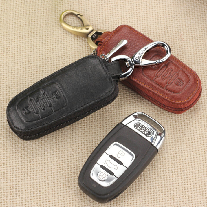 Personalised Genuine Leather Key Ring Zipper Auto Key Bags Smart for Audi A4 - Black