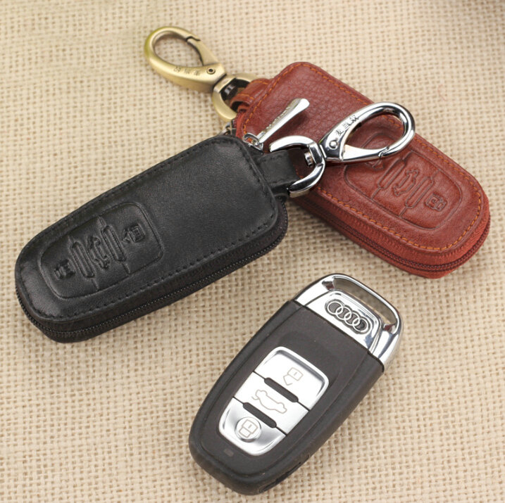 Personalised Genuine Leather Key Ring Zipper Auto Key Bags Smart for Audi A8 - Black