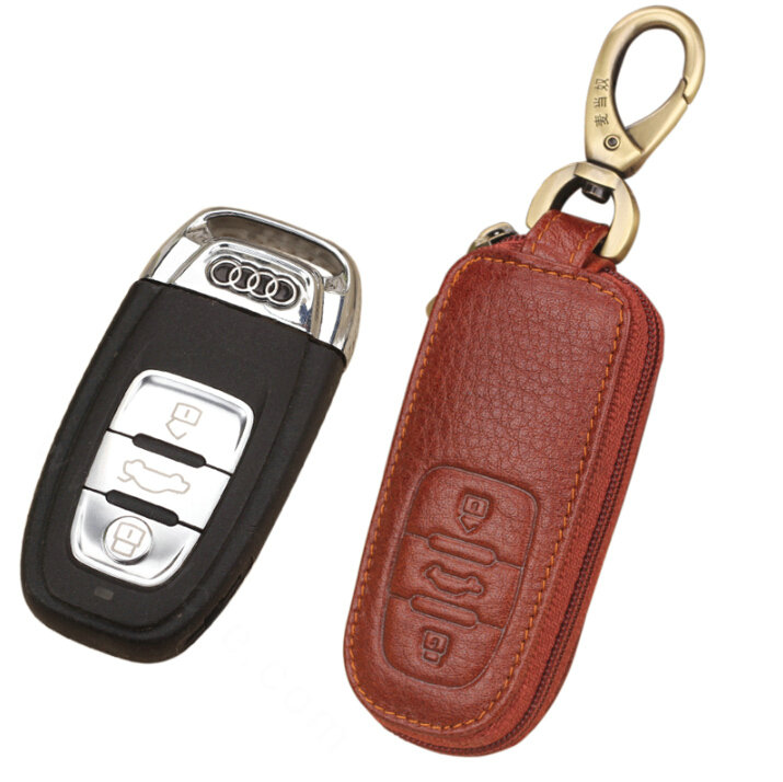 Personalised Genuine Leather Key Ring Zipper Auto Key Bags Smart for Audi A8 - Brown