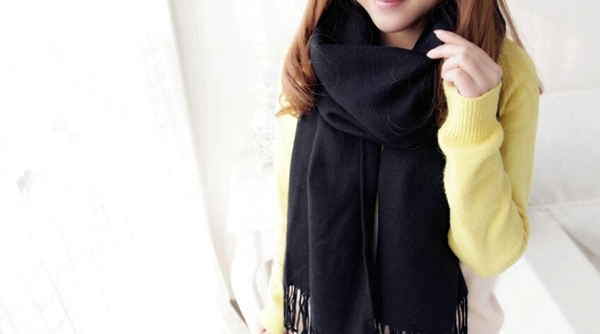 Fashion Tassels Women Scarf Shawl Winter Warm Wool Solid Panties 206*60CM - Black