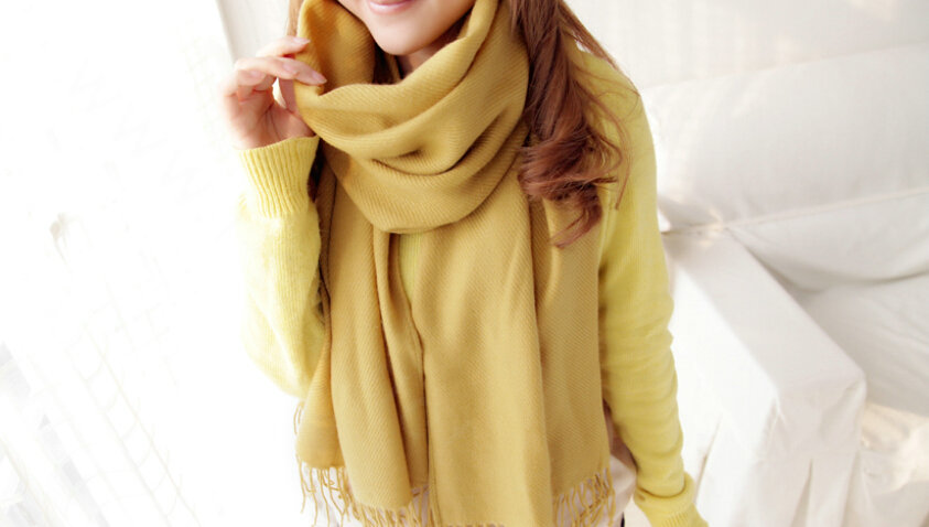 Fashion Tassels Women Scarf Shawl Winter Warm Wool Solid Panties 206*60CM - Yellow