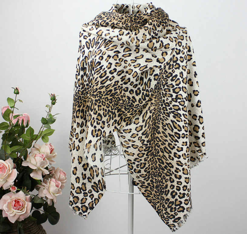 Fringed Leopard Print Scarf Shawls Women Winter Warm Cashmere Panties 180*70CM - Beige