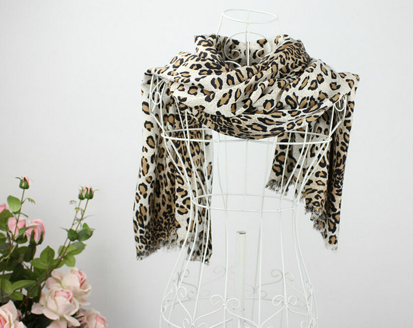 Fringed Leopard Print Scarf Shawls Women Winter Warm Cashmere Panties 180*70CM - Beige