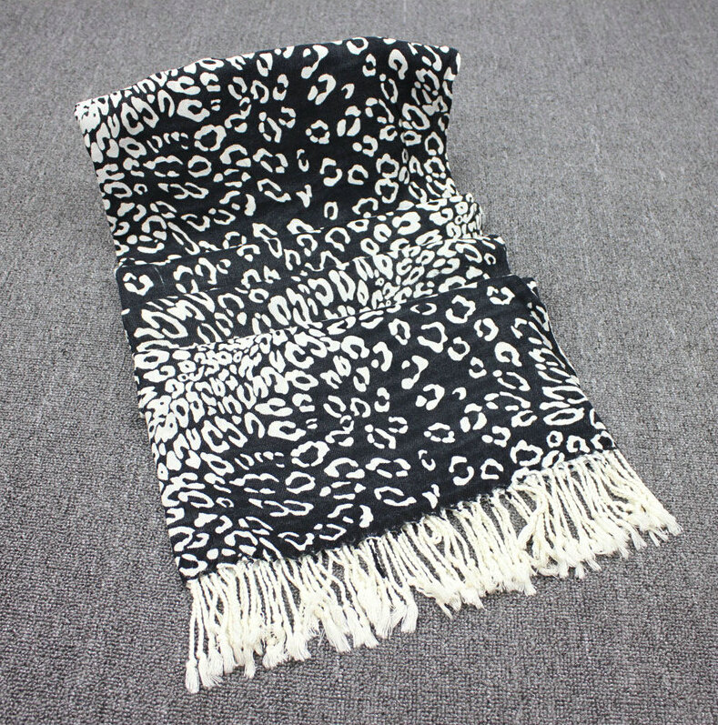 Fringed Leopard Print Scarf Shawls Women Winter Warm Cashmere Panties 180*70CM - Black