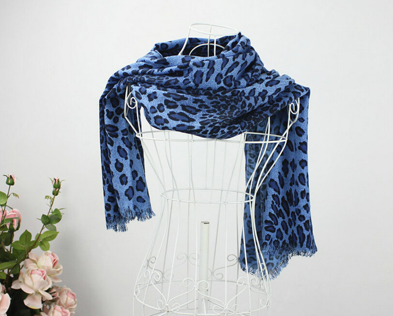 Fringed Leopard Print Scarf Shawls Women Winter Warm Cashmere Panties 180*70CM - Blue