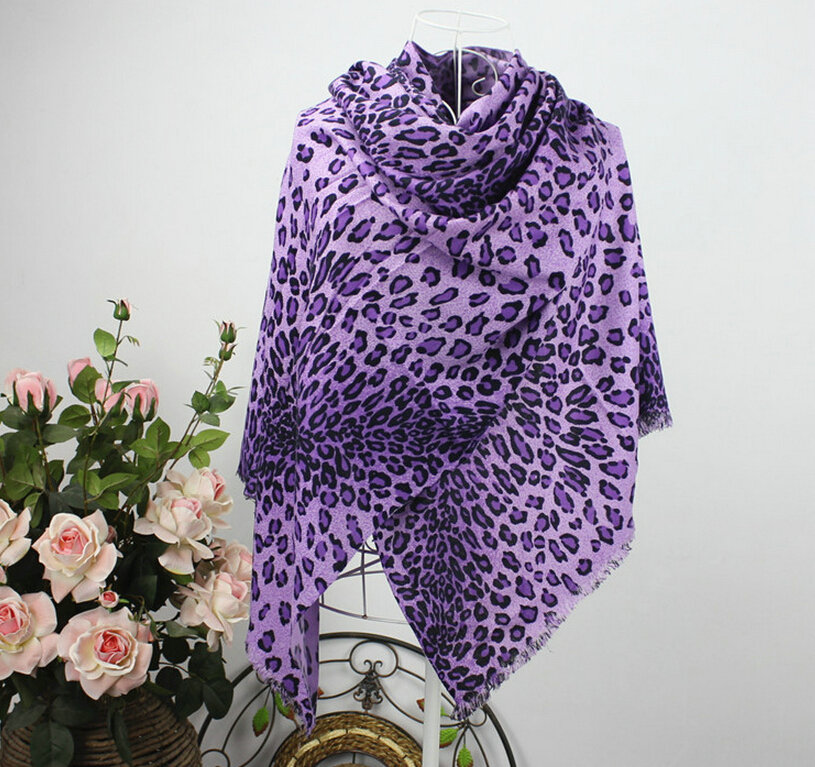 Fringed Leopard Print Scarf Shawls Women Winter Warm Cashmere Panties 180*70CM - Purple