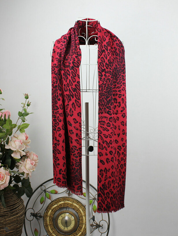 Fringed Leopard Print Scarf Shawls Women Winter Warm Cashmere Panties 180*70CM - Red