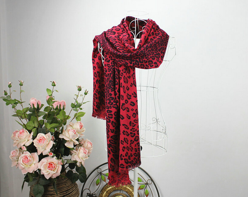 Fringed Leopard Print Scarf Shawls Women Winter Warm Cashmere Panties 180*70CM - Red