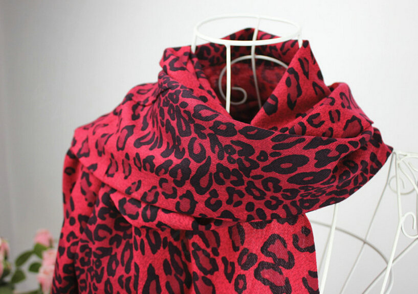 Fringed Leopard Print Scarf Shawls Women Winter Warm Cashmere Panties 180*70CM - Red
