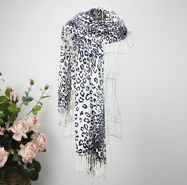 Fringed Leopard Print Scarf Shawls Women Winter Warm Cashmere Panties 180*70CM - White
