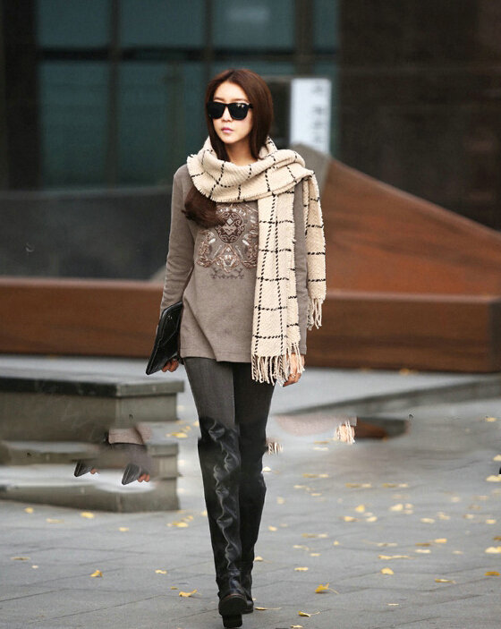 Plaid Women Scarf Shawl Winter Warm Cashmere Panties 200*60CM - Beige