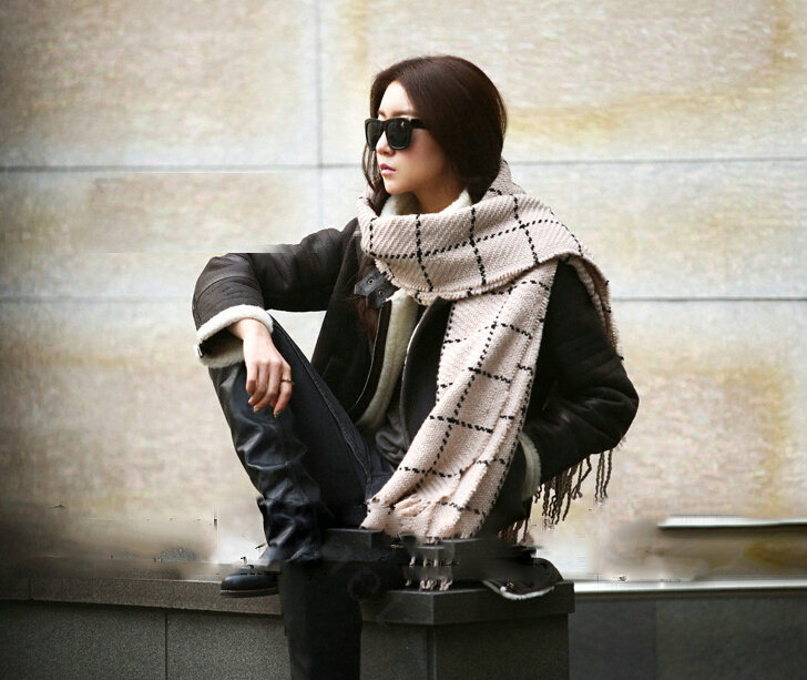 Plaid Women Scarf Shawl Winter Warm Cashmere Panties 200*60CM - Beige