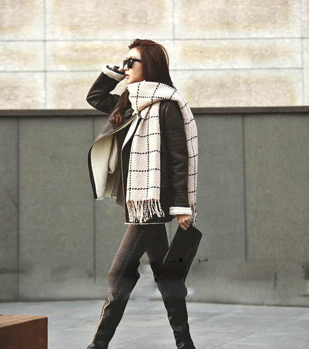 Plaid Women Scarf Shawl Winter Warm Cashmere Panties 200*60CM - Beige