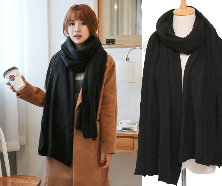 Pretty Unisex Scarf Shawl Winter Warm Cashmere Solid Panties 220*60CM - Black