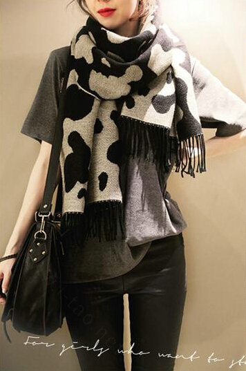 Pretty Women Cow Print Scarf Shawl Winter Warm Cashmere Panties 200*70CM - Grey