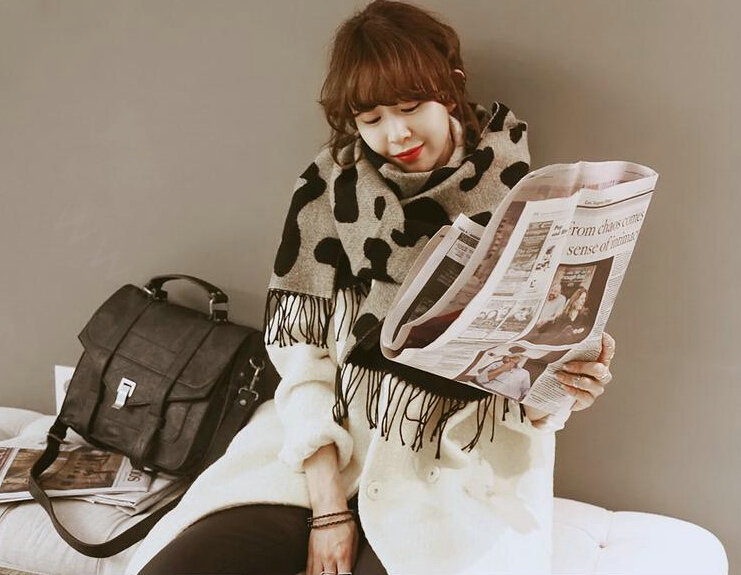Pretty Women Cow Print Scarf Shawl Winter Warm Cashmere Panties 200*70CM - Grey
