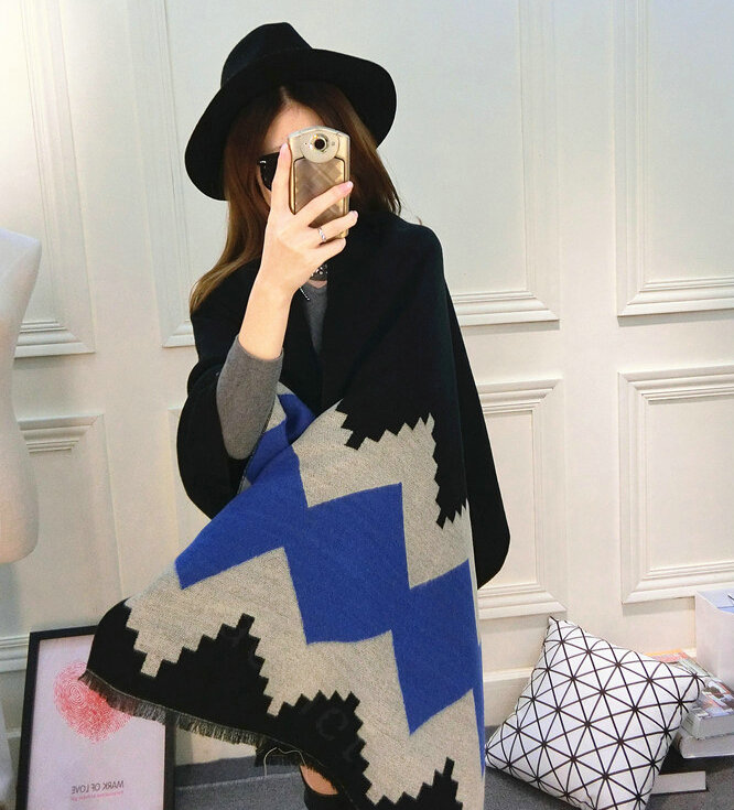 Rhombus Women Scarf Shawl Winter Warm Cashmere Panties 200*60CM - Black