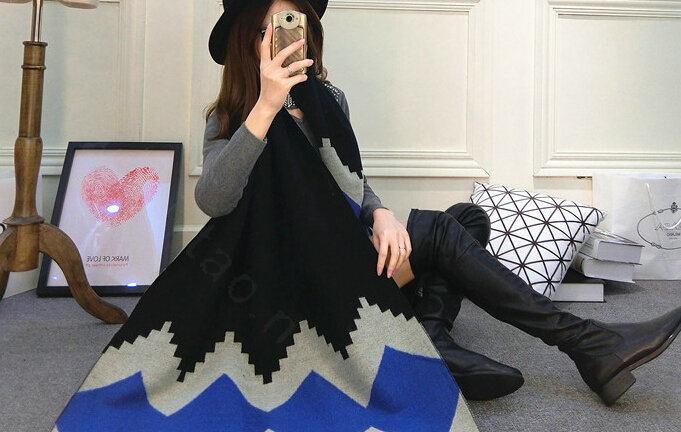 Rhombus Women Scarf Shawl Winter Warm Cashmere Panties 200*60CM - Black