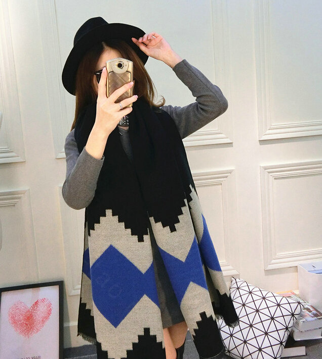 Rhombus Women Scarf Shawl Winter Warm Cashmere Panties 200*60CM - Black
