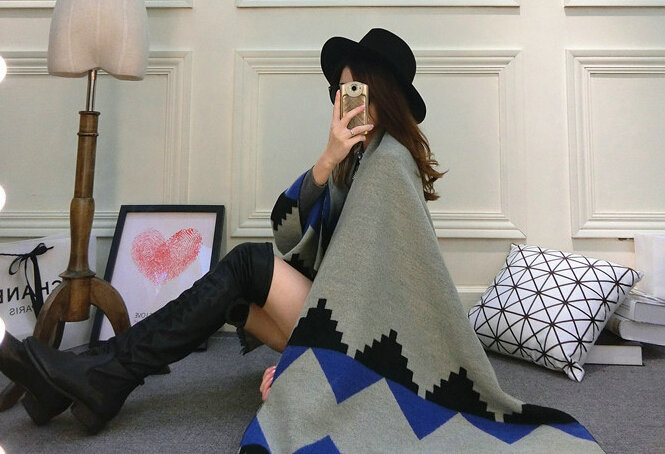 Rhombus Women Scarf Shawl Winter Warm Cashmere Panties 200*60CM - Black