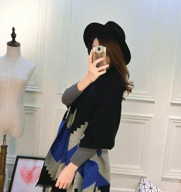 Rhombus Women Scarf Shawl Winter Warm Cashmere Panties 200*60CM - Black