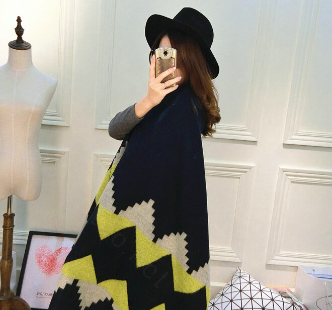 Rhombus Women Scarf Shawl Winter Warm Cashmere Panties 200*60CM - Blue