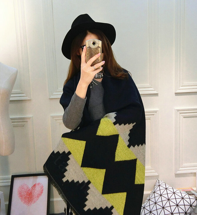 Rhombus Women Scarf Shawl Winter Warm Cashmere Panties 200*60CM - Blue