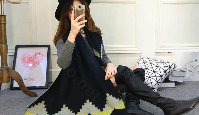 Rhombus Women Scarf Shawl Winter Warm Cashmere Panties 200*60CM - Blue