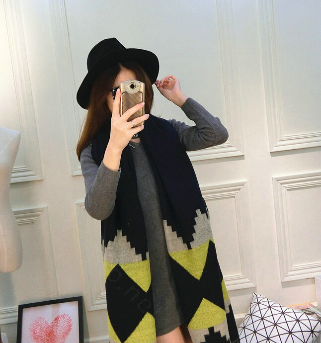 Rhombus Women Scarf Shawl Winter Warm Cashmere Panties 200*60CM - Blue