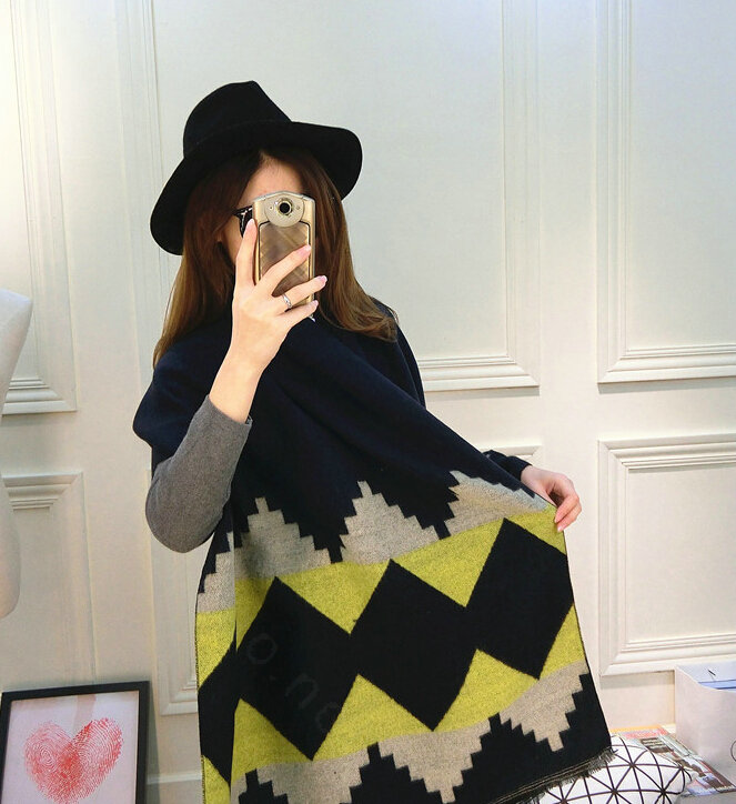 Rhombus Women Scarf Shawl Winter Warm Cashmere Panties 200*60CM - Blue
