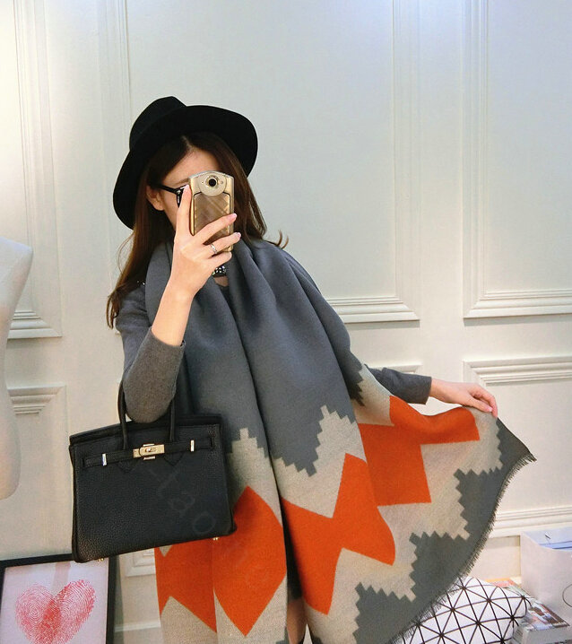 Rhombus Women Scarf Shawl Winter Warm Cashmere Panties 200*60CM - Grey