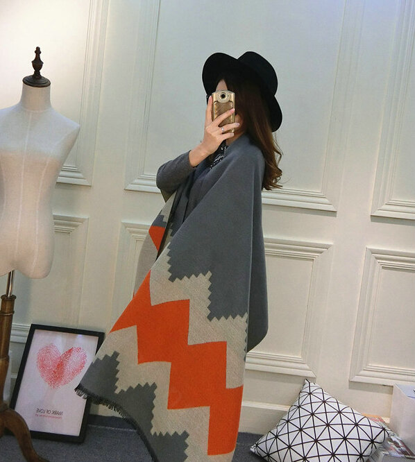 Rhombus Women Scarf Shawl Winter Warm Cashmere Panties 200*60CM - Grey