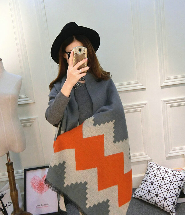 Rhombus Women Scarf Shawl Winter Warm Cashmere Panties 200*60CM - Grey
