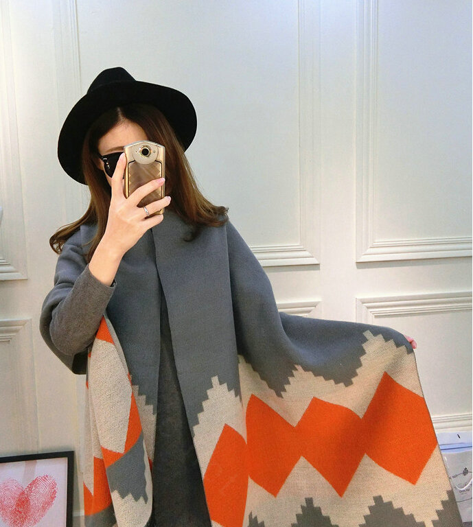 Rhombus Women Scarf Shawl Winter Warm Cashmere Panties 200*60CM - Grey