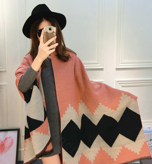 Rhombus Women Scarf Shawl Winter Warm Cashmere Panties 200*60CM - Pink