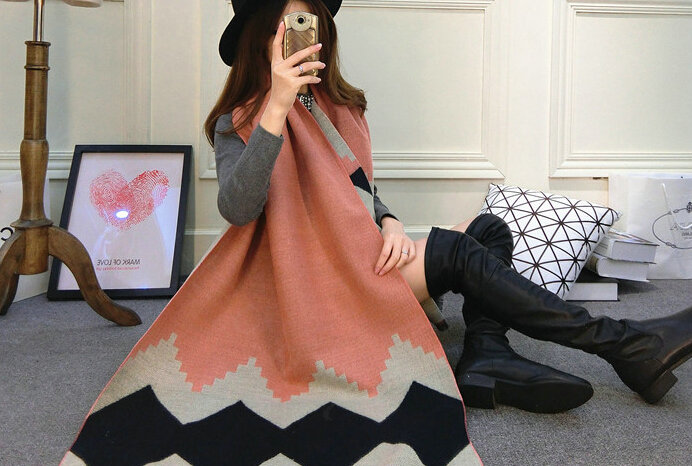 Rhombus Women Scarf Shawl Winter Warm Cashmere Panties 200*60CM - Pink