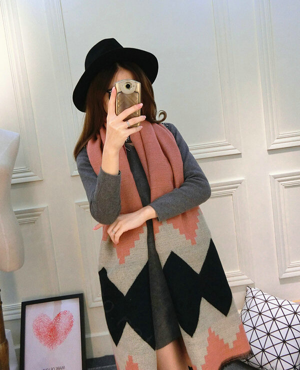 Rhombus Women Scarf Shawl Winter Warm Cashmere Panties 200*60CM - Pink