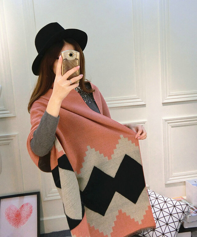 Rhombus Women Scarf Shawl Winter Warm Cashmere Panties 200*60CM - Pink
