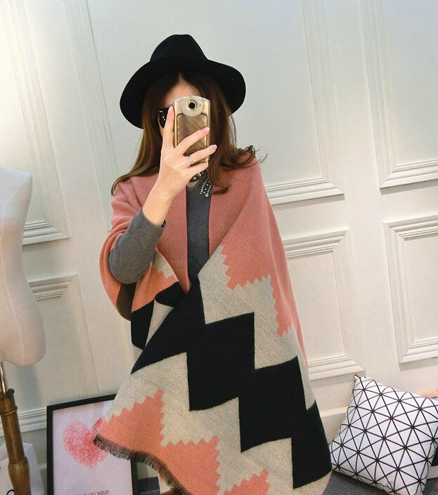 Rhombus Women Scarf Shawl Winter Warm Cashmere Panties 200*60CM - Pink
